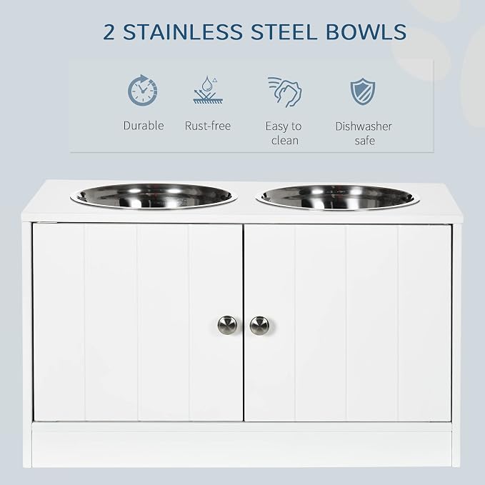 PawHut Large Elevated Dog Bowls with Storage Cabinet Containing Large 44L Capacity, Raised Dog Bowl Stand Pet Food Bowl Pet Feeding Station, White | Raised Dog Bowl Stand, Pet Feeding Station