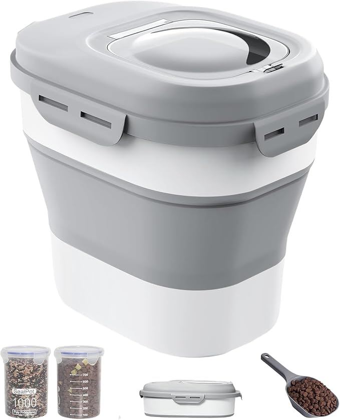 30-35 Lbs Dog Food Storage Container Collapsible Dog Food Container | Large Pet Food Storage with Airtight Lids,Wheels,Scoop and 2Pcs Food Storage Containers,Keep Food Fresh for Dog,Cat