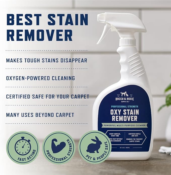 Rocco & Roxie Oxy Stain Remover, Oxygen-Powered Carpet Spray | Activated oxygen technology; CRI Certified Safe; multi-purpose for carpet, upholstery, laundry & mattresses; non-aerosol