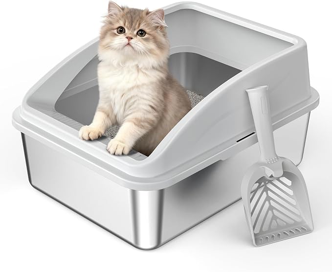 Stainless Steel Litter Box | Metal Kitty Litter Box with Lid High Sided for Small Cats or Injured Cats, Bunny Litter Boxes, Low Entry, Odor-Free, Non-Stick,Includes Scoop