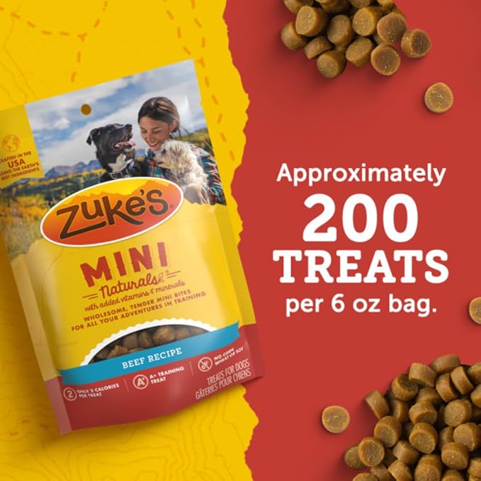 Zuke's Mini Naturals Dog Training Treats, Beef Recipe, 6 oz Pouch | Natural dog treats with real beef, only 2 calories each, soft and chewy bites, in a resealable pouch, made in the USA