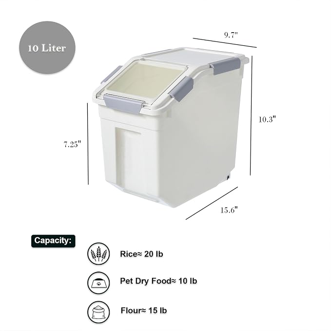 10 Liter / 20 lbs Rice Storage Container with Measuring Cup, BPA free, For Rice | Grain | Pet Food | Flour, 2 count, White