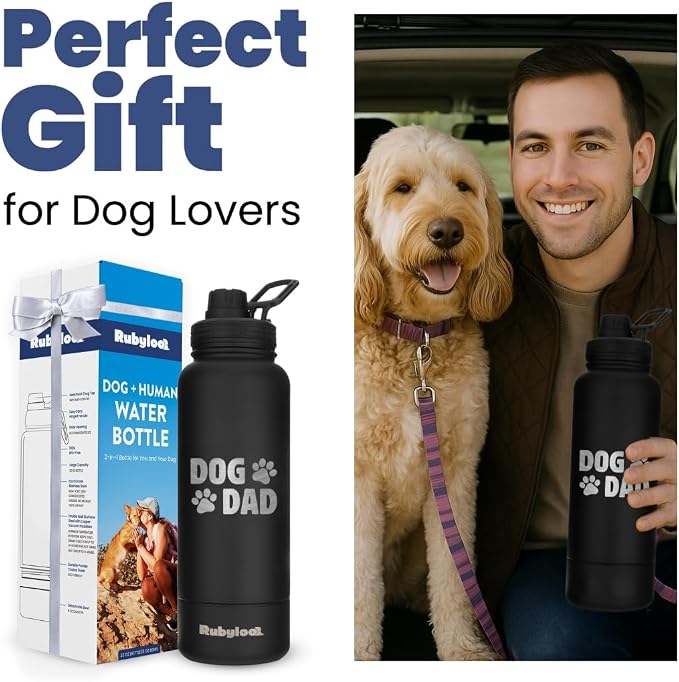 Dog Dad Water Bottle – 32 oz Stainless Steel Double Wall Insulated with 8 oz Detachable Bowl on Bottom – Cool Dog Dad Gifts for Father's Day, Hiking, Walking, Travel & Everyday Adventures – DD Black