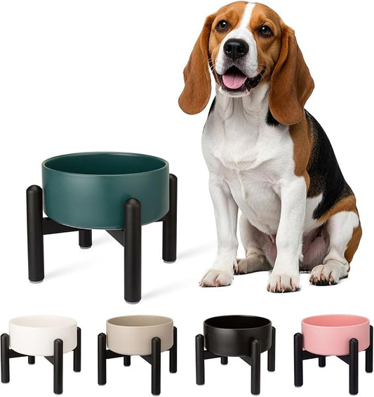Raised Ceramic Dog Bowl, 6.1'' Modern Feeding Bowl with Non-Slip Stainless Steel Stand, Elevated Food or Water Dish for Small to Medium Dogs, 2 Cups (28.75 fl oz) - Green