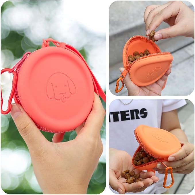 WALLFID Silicone Dog Treat Pouch Small Bag,with Pet Training Clicker,Walking Bag for Dog and Cat, Pocket Size, Easy to Clean, Odorless, Zipper Design,Moisture-Proof,Travel Walking Bag.(Orange)
