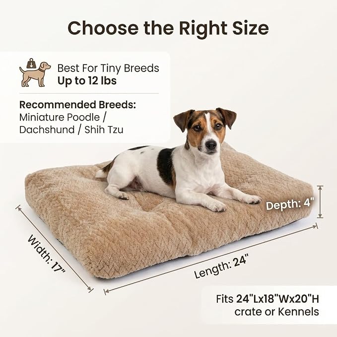 24 Inch Dog Crate Bed for Small Dogs, Washable Dog Crate Pad for Dog Cages, Soft Jacquard Flannel Kennel Mat with Anti-Slip Bottom, Fluffy Crate Mat for Puppies and Small Dogs,Khaki