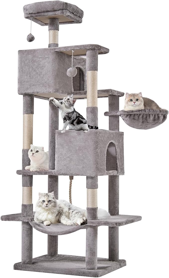 Large 66 Inch Cat Tree Tower with Sisal Scratching Post | Multi-Level Cat Climbing Tower with Hammock, Pet Condo for Indoor Cats and Kittens, Light Grey