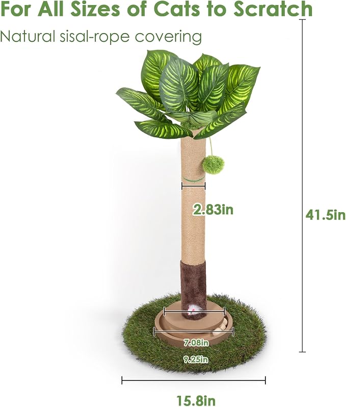Cat Scratching Post, 35 Inch Tall Cat Scratcher Cat Tree Tower with Hanging Ball for Indoor Cats Adults,Sisal Rope Kitten Scratch with Interactive Mouse Cat Toy (41in, Watermelon Leaves)