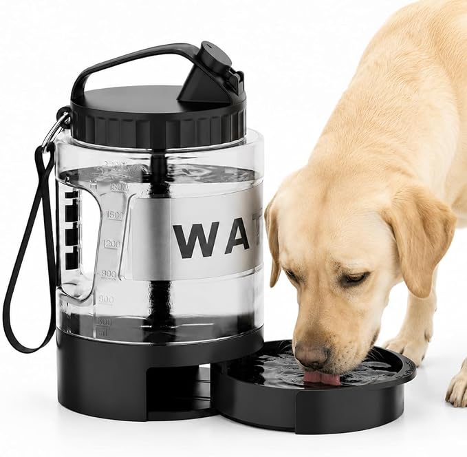 lesotc Portable Dog Water Bowl Dispenser - 77oz Travel Water Bottle with Pop-Out Drinking Bowl, No-Spill Design for Camping, Hiking & Car Rides - Keep Your Dog Hydrated Anywhere, Black