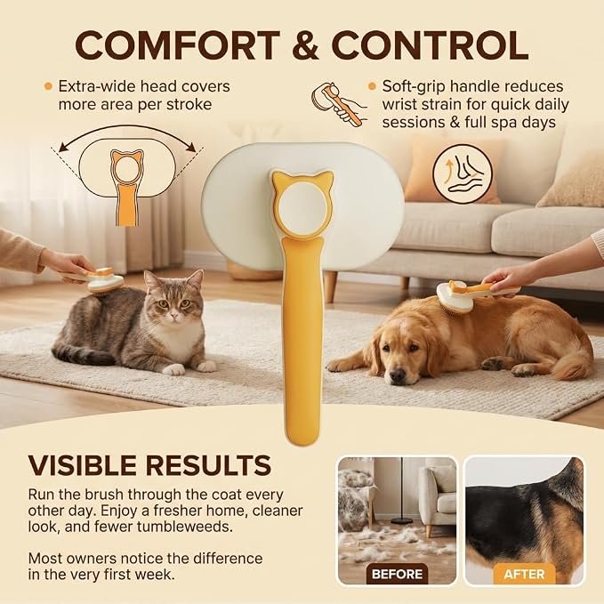 Self Cleaning Slicker Brush for Dogs and Cats | 2 in 1 Grooming Tool, Removes Loose Undercoat Tangles, Shedding Hair, Massage Bristles, Anti-Slip Handle, Long and Short Hair