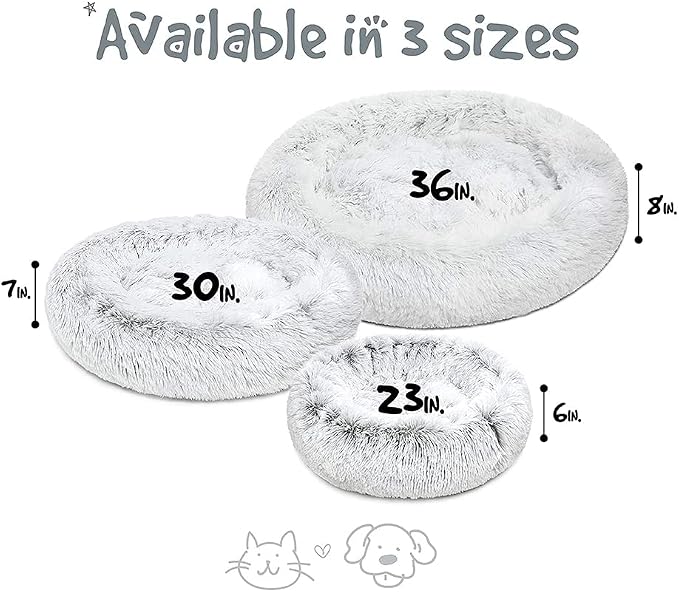 Friends Forever Donut Dog Bed Faux Fur Fluffy Calming Sofa For Small Dogs, Soft & Plush Anti Anxiety Pet Couch For Dogs, Machine Washable Coco Pet Bed with Non-Slip Bottom, 23"x23"x6" Ivory