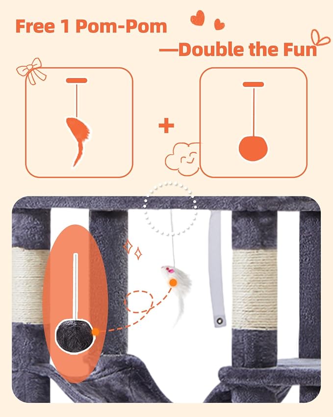Taoqimiao Cat Tree, 67 in Tall Cat Tower with 2 Plush Cat Condos | 7 Scratching Posts, 2 Top Perches, Cozy Hammock & Basket, Indoor Cats, 2 Pompoms & Mouse Toy, Smoky Gray, MS013G