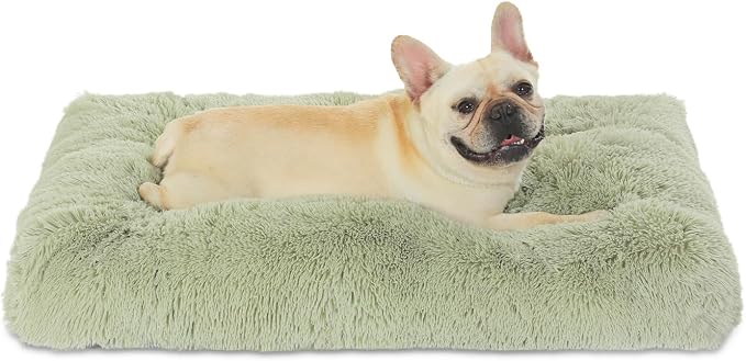 Bedfolks Waterproof Dog Crate Bed, Plush Dog Pad, 29"x21", Sage Green | Faux Fur Plush Cover, Zippered Removable Washable Outer, Waterproof Inner Lining, Non-Slip Base, Crate Pad and Dog Pillow