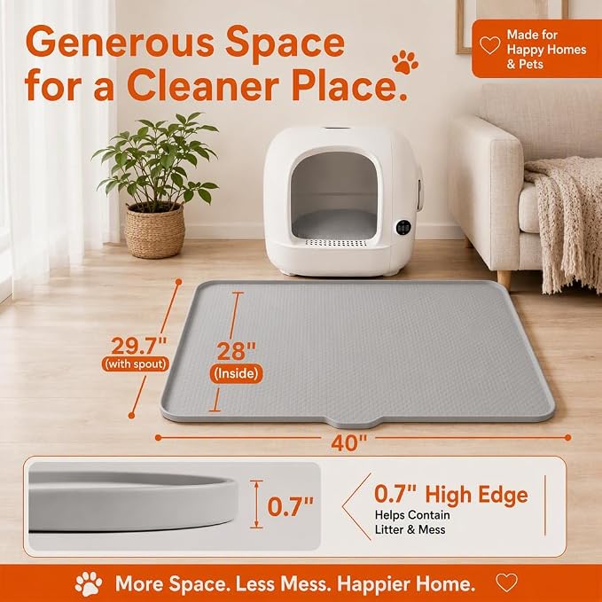 Cat Litter Mat, XL 40"x29.7" Silicone Litter Box Mat, Tilted Drain Spout | Litter Mat Fit 1-2 Boxes, Extra Wide Kitty Litter Mat, Waterproof Urine Proof, Non-Slip, Easy to Clean, High Edge