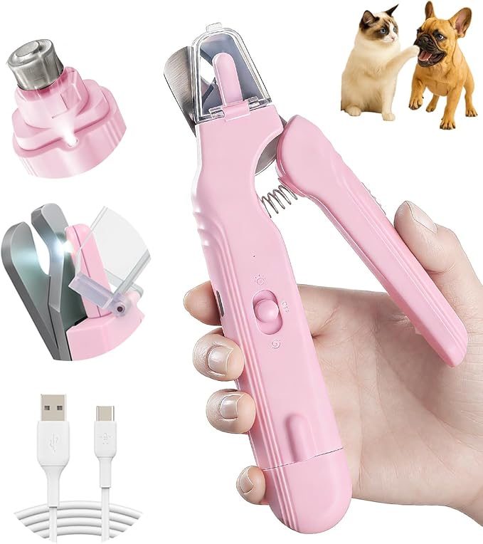 2-in-1 Dog Nail Grinder & Clippers with Dual LED Lights, Electric Pet Nail Trimmer with Safety Guard, USB-C Rechargeable Grooming Tool for Cats and Dogs of All Sizes Pink