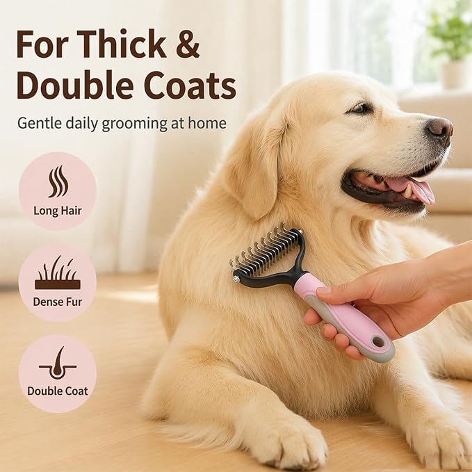 Pet Pro Grooming Tool, 2-In-1 Double-Sided Grooming Tool, Sided Deshedding Dematting Tool, Undercoat Rake for Dogs & Cats, Extra-Wide Dog Grooming Brush & Deshedder Comb for Long Hair(Blue + Pink)