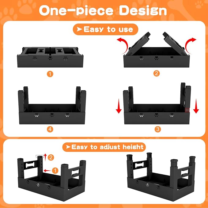 LAKIPETN Elevated Dog Bowls with Mat, Raised Dog Food Bowl Stand with 2 Stainless Steel Bowls, 5 Height Adjustable (3.1", 9", 10", 11", 12") Non-Slip Feeder Set for Medium and Large Dogs – Black