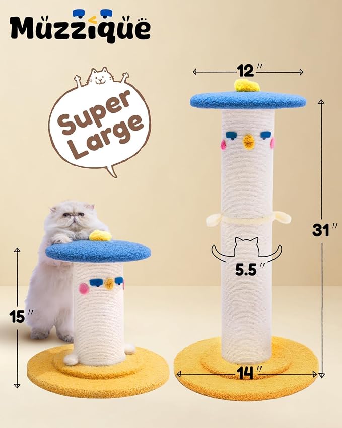Cute Cat Scratching Post, 31 Inch Tall&Thicker Scratcher with Top Perch Bed | Large Sisal Rope Scratch Post, Full Strectch for Indoor&Adult Cats/Kitten, Heavy&fun Play Stand, Sturdy Climb Tree Furniture