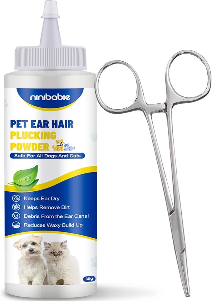 Upgraded Dog Ear Powder with 5.5 Inch Hair Removal Tool | Pet Ear Grooming Cleaner | Ear Wax Remover | Supports Fresh-Feeling Ears | Absorbs Moisture