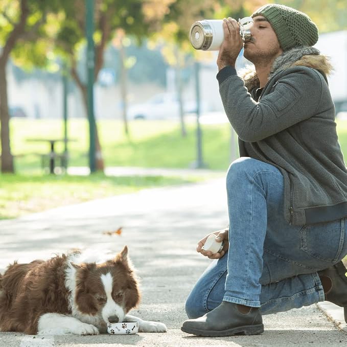 asobu Buddy Bottle, a Stainless Steel Insulated Water Bottle with Removable Dog Water Bowl and Dog Food and Treat Storage plate (White, 37 oz Water Bottle with 2 Bowls)