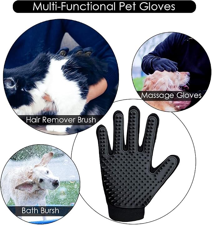 Pet Hair Removal Glove with 255 Silicone Tips for Dogs & Cats, 1 Pair Black | 2-in-1 Deshedding & Massage Mitt, 5-Finger Flexible Design, for Bathing & Grooming, Safe for Long/Short/Curly Hair Pets