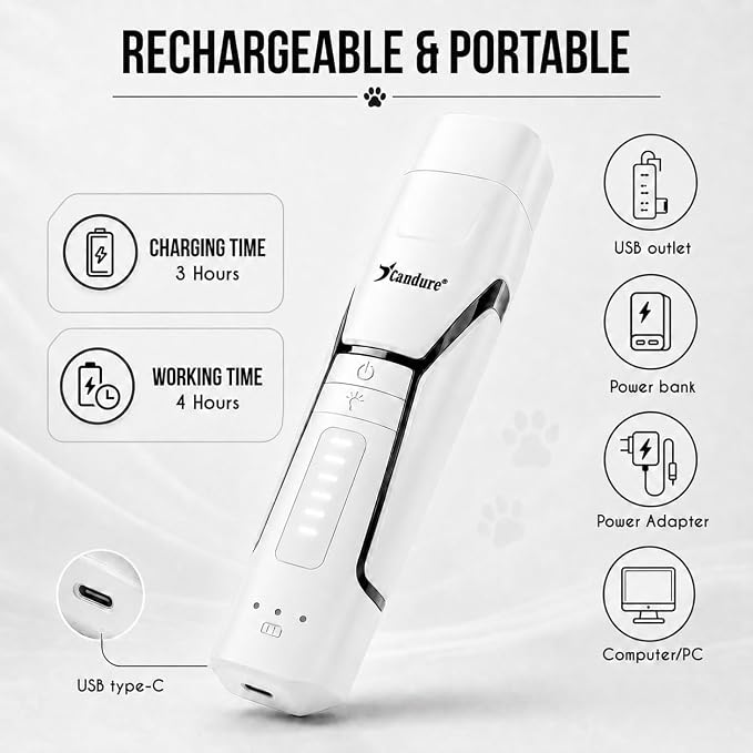 Candure Dog Nail Grinder Upto 6-Speed Dog Nail Trimmer for Large, Medium, Small Dogs, Cats & Pets - Low Noise Rechargeable Dog Claw Grinder with 360° LED Lights & Extra Grinder Head (White)