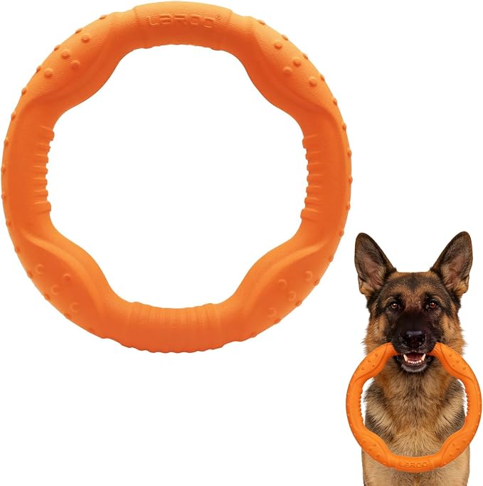 LaRoo Floating Dog Pool Toy, Fetch & Ring Tug Toy - Teething Relief, Catch, Water Fun, Pet Training Outdoor Durable Chew Toys for Small Medium Dogs (Orange Ring,8.6'')