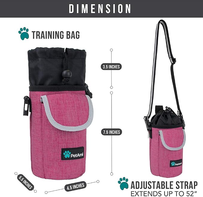 PetAmi Dog Treat Pouch, Large Hands-Free Training Bag, Pink | Built-In Poop Bag Dispenser, Holds 3 Cups Of Treats, 4 Ways to Wear, D-Ring, Reflective Strap, Dog Treat Bag for Walking
