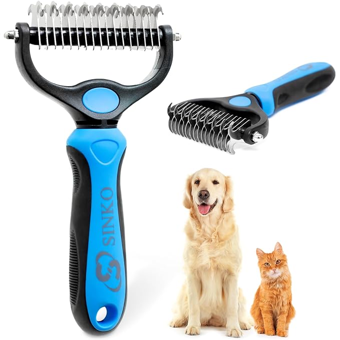 Sinko Shedding Brush For Dog and Cat, Undercoat Rake with Extra Wide Double-Sided Stainless Teeth for Detangling, Deshedding, Brushing & Removing Shed Fur, Knots, Mats, and Tangles in Pets (Blue)