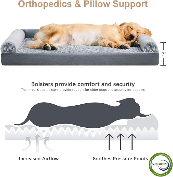 BFPETHOME Orthopedic Washable Large Dog Bed for Senior Dog Comfy Sleep | Waterproof Big Soft Pet Couch Bed for Dogs Relax with Removable Cover Supportive Egg Crate Foam Grey 36x27 Inch