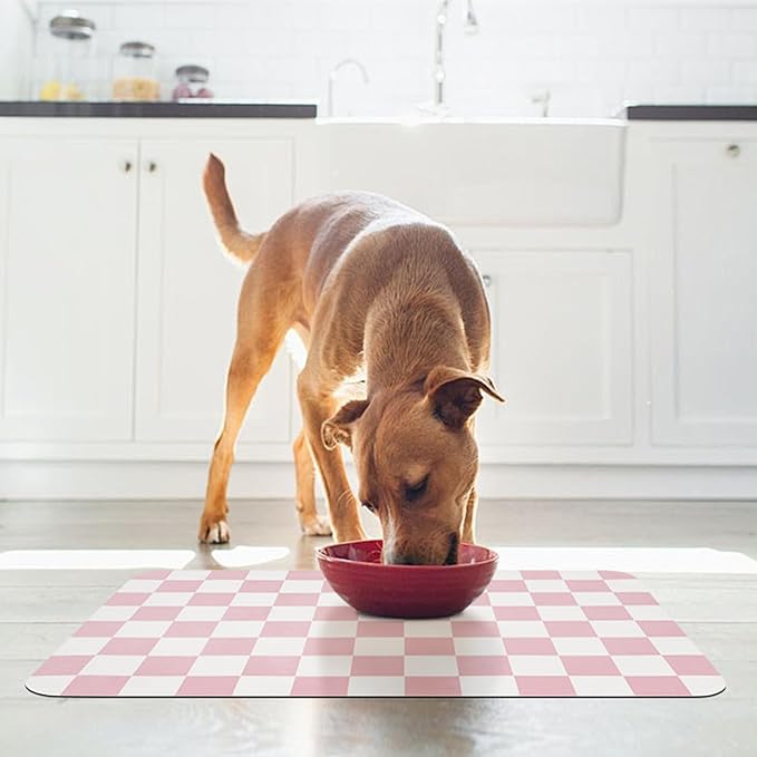 CooRug Checkered Dog Food Mat, Pet Feeding Mat 24" L x 16" W, Pink | Absorbent, Leak-Proof, Anti-slip, Quick Dry, Eco-friendly Materials, Easy to clean and store, For Messy Drinkers