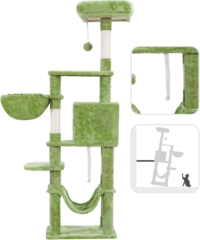 Hey-brother Cat Tree, Multi-Level Sisal Covered Scratching Posts, MPJ050GR | 60.6 Inches Tower with Condo, Large Hammock, Top Perch, Toy Ball for Indoor Multi-Cats Households, Green