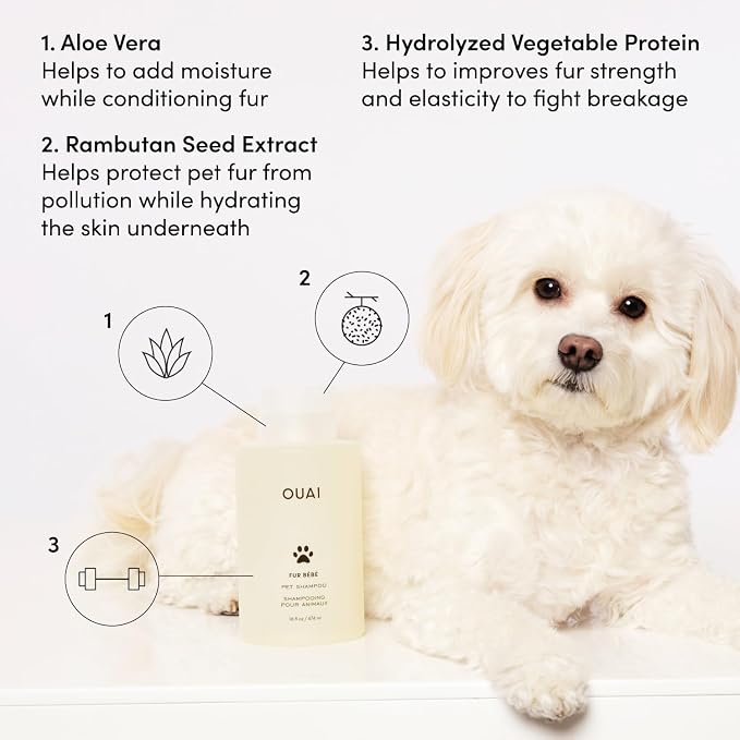 OUAI Fur Bébé Pet Shampoo - Cat & Dog Shampoo for Gentle Cleansing, Hydration & Shine - Vegan & Cruelty-Free Pet Supplies with Aloe Vera & Panthenol - Mercer Street Scent (16 Fl oz)