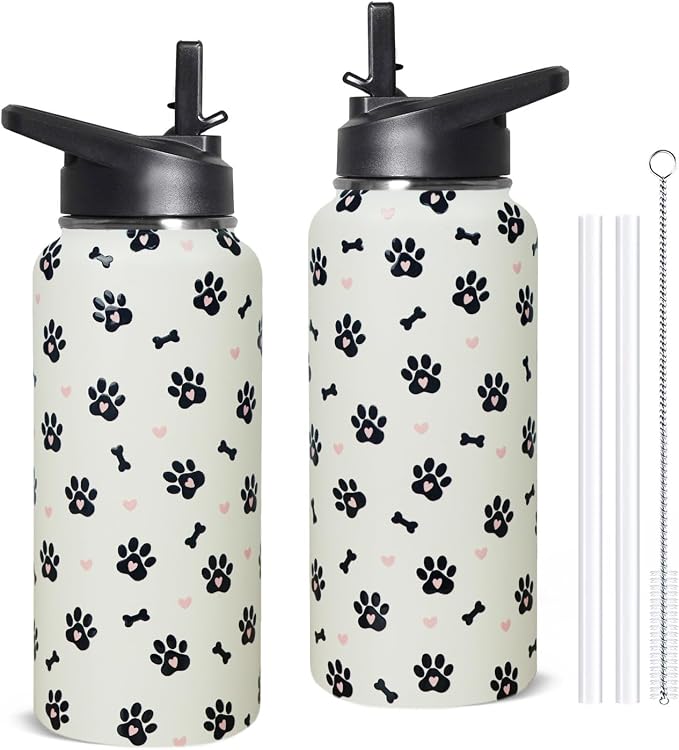 32oz Dog Paw Insulated Water Bottle with Straw, Gym Hiking Sports Coffee Mug Cup, Dog Paw Gifts for Women Decor Accessories