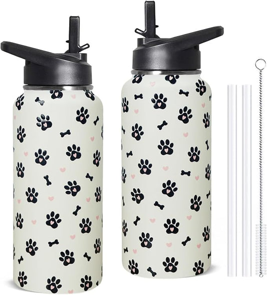 32oz Dog Paw Insulated Water Bottle with Straw, Gym Hiking Sports Coffee Mug Cup, Dog Paw Gifts for Women Decor Accessories
