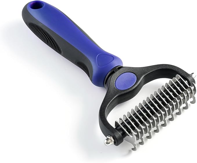 Grooming Rake for Dogs & Cats, Double-Sided Deshedding Brush, Extra-Wide Dematting Tool, Slicker Comb for Undercoat & Loose Hair Removal, Reduces Shedding by 95%, Blue, Large