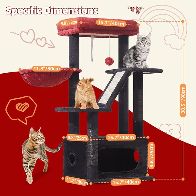 Taoqimiao Gothic Cat Tree, 38.5In Cat Tower for Indoor Cats, for Kittens | Thick Padded Top Perch, Luxurious Cat Condo, Adjustable Basket, 1-Piece Ramp Scratcher, 3 Natural Sisal Posts, MS029SBR