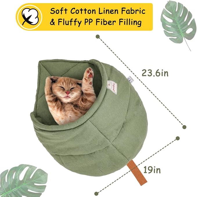 Cat Sleeping Bag Cave Bed with Non-Slip Bottom (Green with Support) | Comfortable Linen Fabric, Non-stick Hair, Felt Handle, Washable, Suitable Size for Most Cats and Puppy, Durable Pet Nest