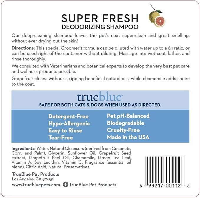 TrueBlue Grapefruit & Chamomile Concentrated Deodorizing Dog Shampoo – Cleansing Wash, Moisturizing – Toxin Free, Natural Botanical Blend – Tearless – 1 Gallon