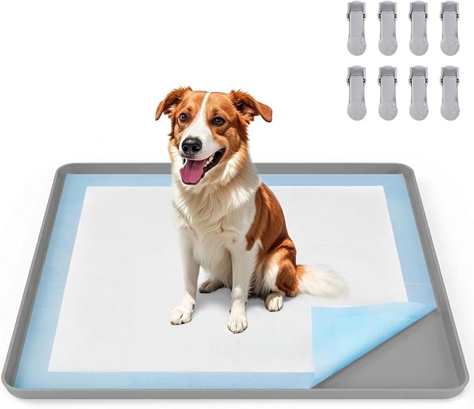 VavoPaw Pee Pad Holder for Dog, 22" × 34" Puppy Pad Holder with Clamps, Raised Edges Leak-Proof Dog Pee Pads Holders, Waterproof Silicone Potty Pads for Dogs, Easy to Clean Indoor, Light Gray