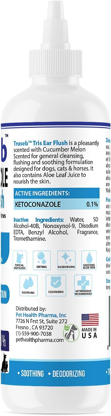 Truseb Cat & Dog Ear Infection Treatment Solution Flush – Medicated Ketoconazole TRIS with Trizmax EDTA (Tromethamine, Disodium Edta) Dog Ear Cleaner, Flush Wash (Ketoconazole Ear Infection Flush 24oz