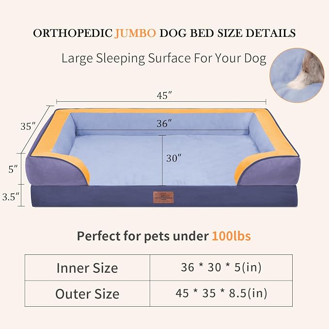 Comfort Expression Orthopedic Dog Bed for Extra Large Dogs with Bolster | Waterproof Dog Couch Bed with Washable Cover & Non-Slip Bottom, Supportive Egg Crate Foam XL Pet Bed, 45x35 Inch