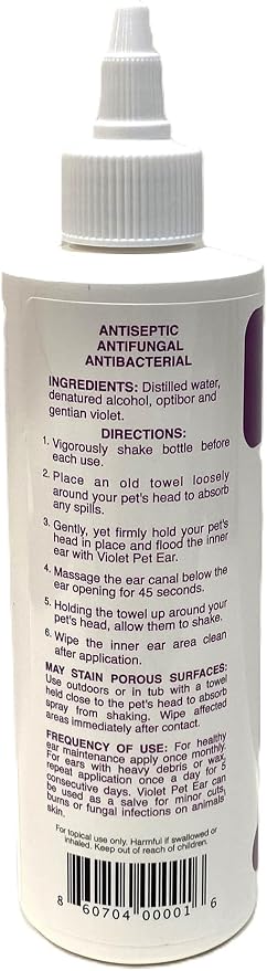 Violet Pet Ear Cleaner, 8 oz Provides Immediate Relief from Itching, Irritation, Inflammation and Odor. Ends Chronic Ear Infection Cycle.