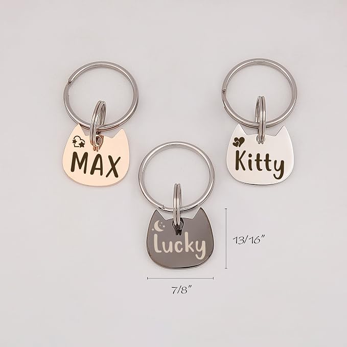 Anavia Cat Head & Fish Shape Pet ID Tags, Personalized Funny Icon Design Cat Name Tag, Customized Gold Plated Glossy Stainless Steel Black Rainbow Cat Dog Collar Tag (Small, Cat Head Shape, Rose Gold)