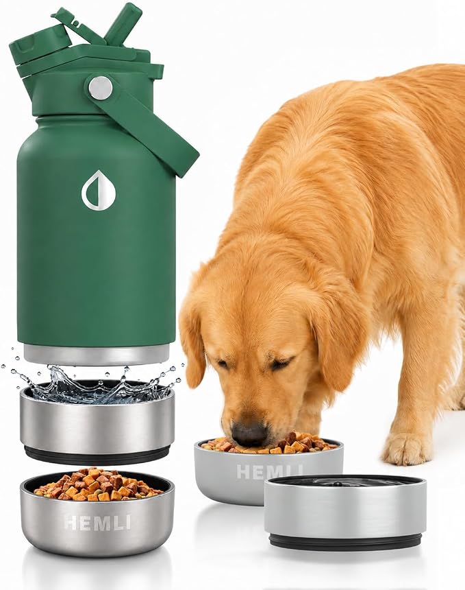 32 oz. Dog Water Bottle, Insulated Dog Travel Water Bottle, Stainless Steel Pet Water Bottle Dispenser Portable Food and Water Bowl for Dogs for Walking Dog Canteen Travel Kit