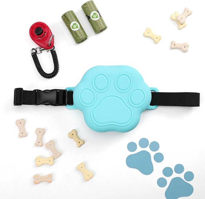 Dog Treat Pouch with Training Clicker and 2 Poop Bags, 1.8 Cup Small Sealable Zipper Silicone Fanny Pack with Waist Belt, Pet Puppy Training & Walking Essentials (Blue)