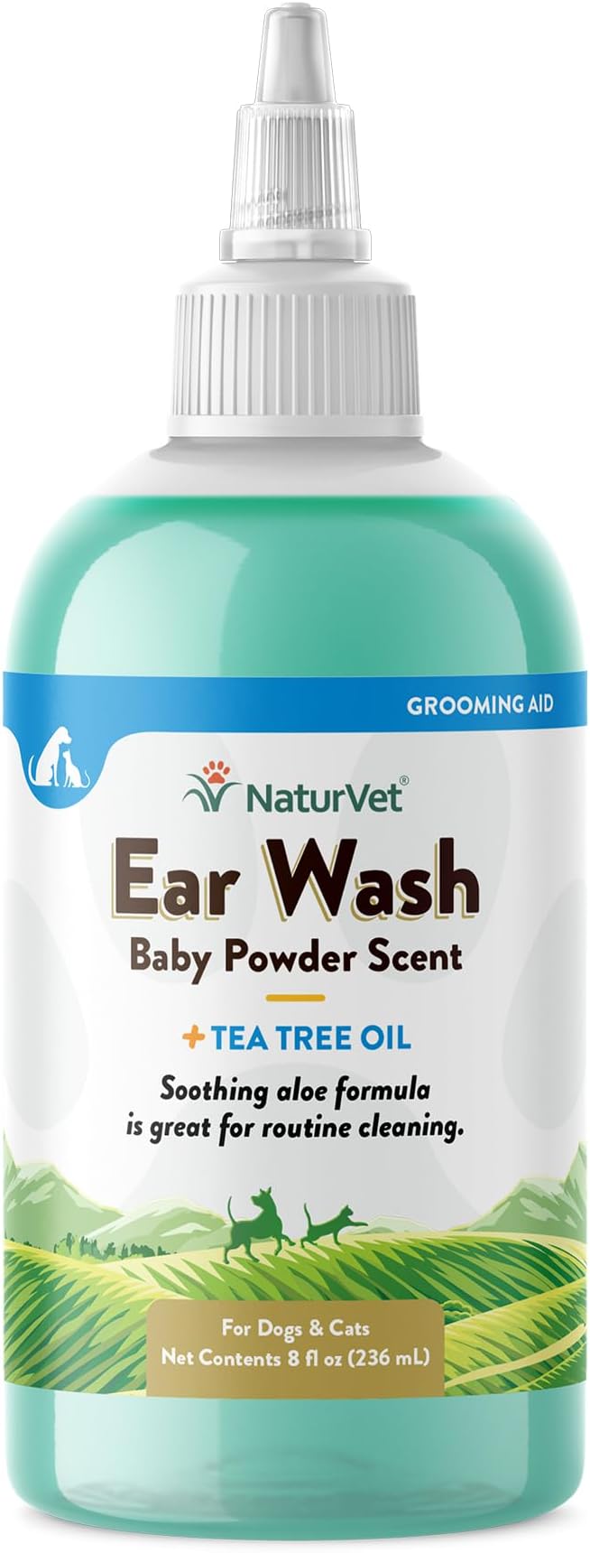 NaturVet Ear Wash with Tea Tree Oil Aloe & Baby Powder Scent | 8 oz