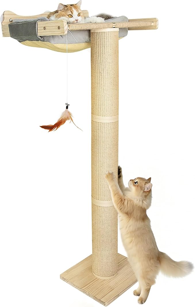 Cat Window Perch Hammock with 3-Piece Detachable Roman Column Sisal Scratching Posts, Gray Fluffy Cusion, Drill-Free Suction Cup Mount, Extra Large for Large Cats & Maine Coons, 60 LBS Capacity