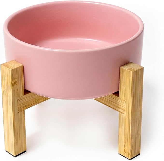 Elevated Ceramic Cat Bowl - Cat Food Bowl with Bamboo Stand - Raised Dog Dish for Puppies - Anti Vomiting, Stress Free - 13.5 oz / 400 ml - Pink