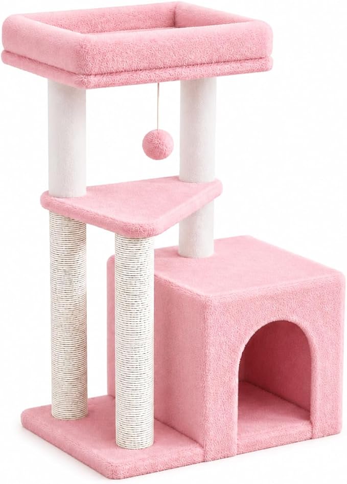 Small Cat Tree Tower for Indoor Cats, 33 Inches Multi-Level Cat Condo with Scratching Posts, Large Perch, Hanging Toy for Large Adult Cats, Pink